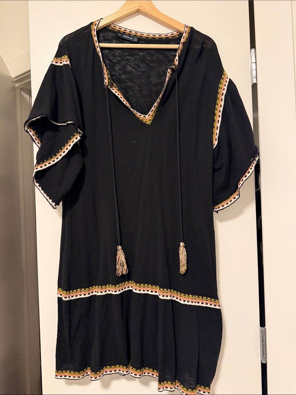 Zara Black Knit Top with Cream and Olive Embroidered Trim